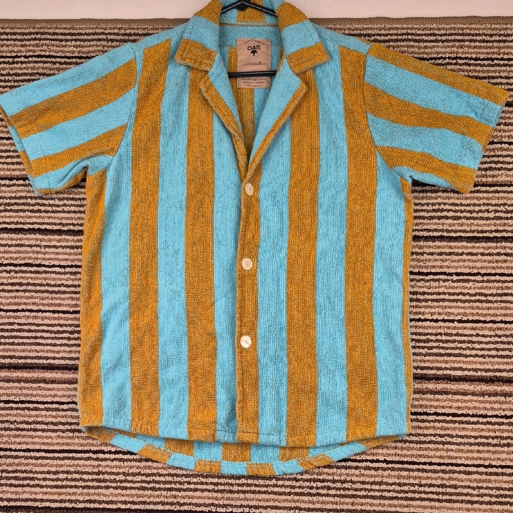 OAS Turcs Terry Shirt Teal Blue Tan Striped Terry Cloth‎ Cotton Small Mens Shirt